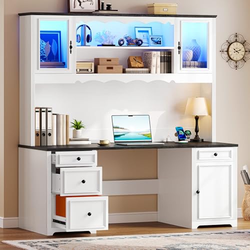 YITAHOME Executive Desk with Hutch, Drawers, Power Outlet & LED Lights, White & Black Z850393