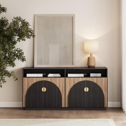 BELLEZE 65 Inch Fluted Buffet Cabinet with Storage, Caramel Brown U96619