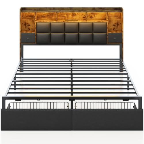 LED Bed Frame Full Size with Bookshelf Headboard and Charging Station R978868