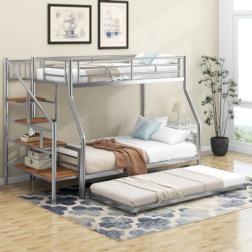 Twin Over Full Metal Bunk Bed with Trundle and Stairs Y9724