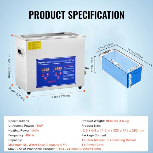 VEVOR Commercial Ultrasonic Cleaner 6L 40kHz with Digital Timer & Heater 110V Q7418