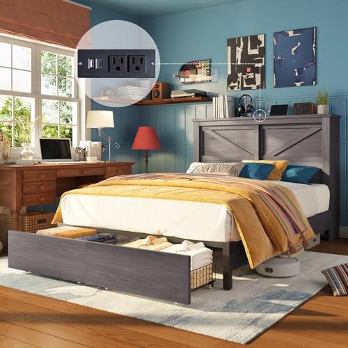 AMERLIFE King Bed Frame with Bookcase Headboard and Charging Station V4787