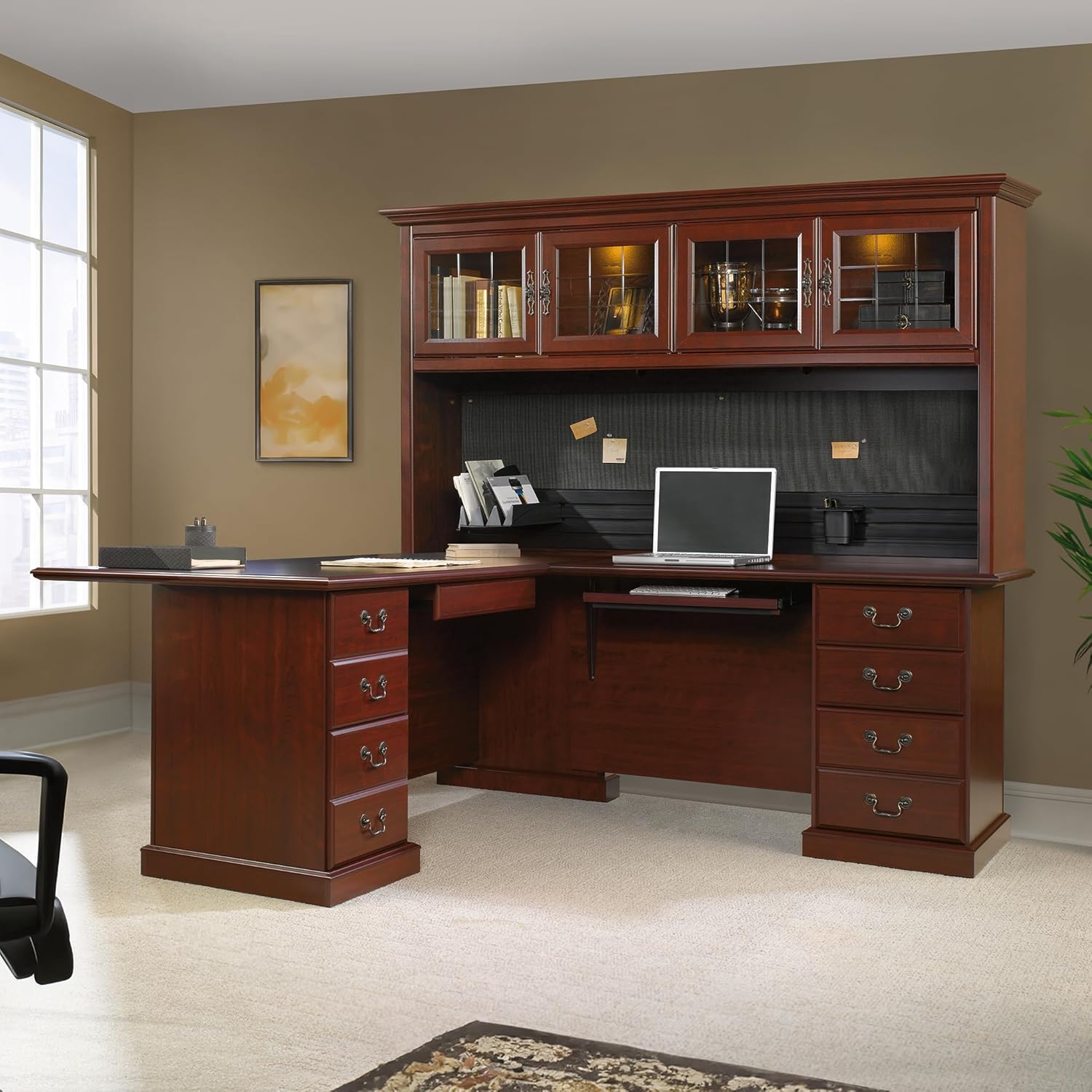 Sauder Heritage Hill L-Shaped Desk with Office Hutch, Classic Cherry R16927