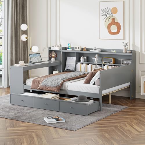 Bellemave Twin Corner Bed Frame with Storage Shelves and Desk, Gray L74206