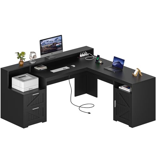 63" Farmhouse L Shaped Desk with Drawers, Power Outlets & Storage Shelf Q538