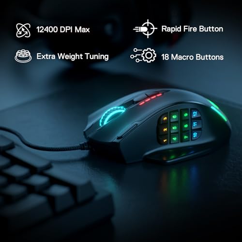 Redragon M908 Impact RGB MMO Gaming Mouse with 12 Side Buttons, 12400 DPI U713989