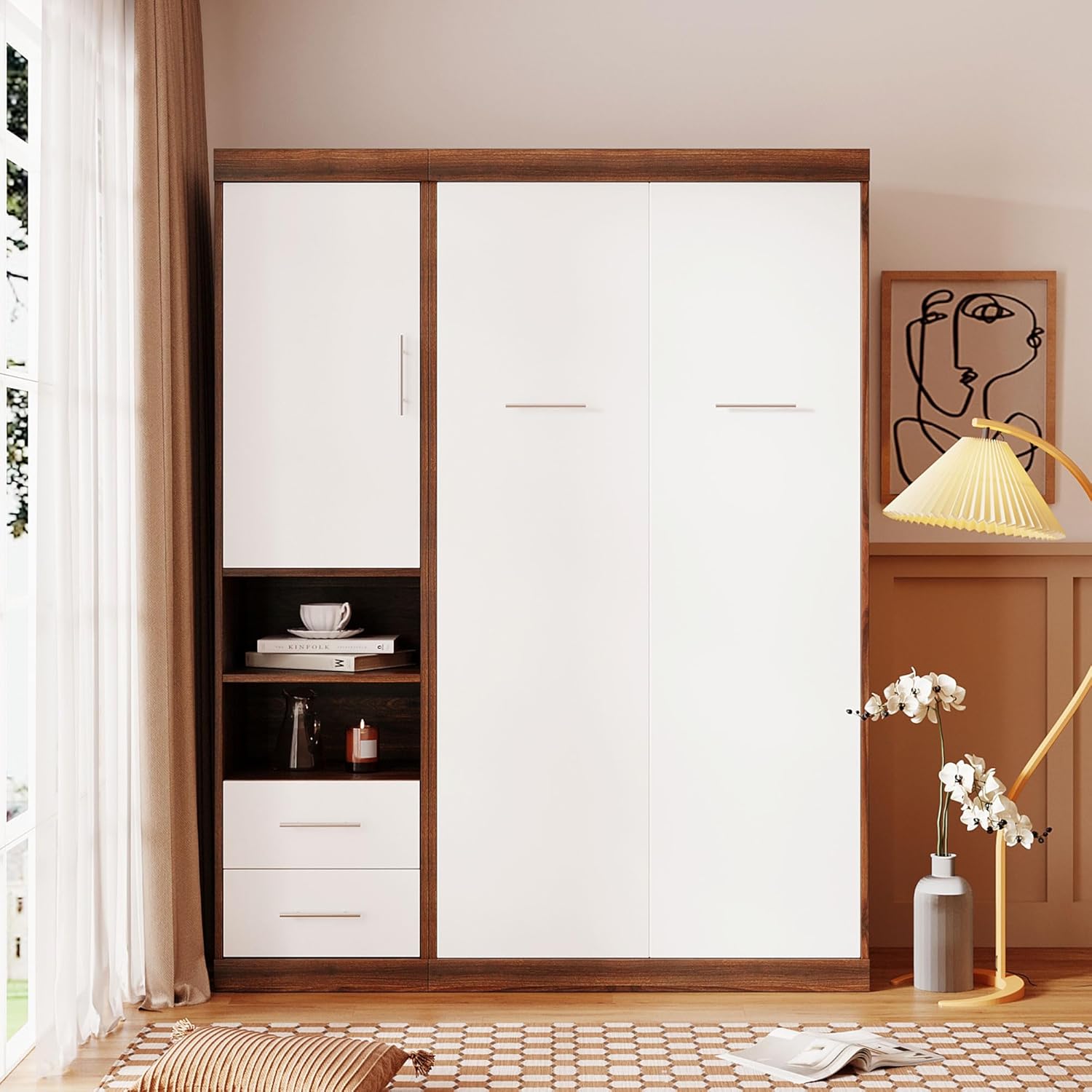 Twin Size Murphy Bed Wall Bed with Cabinet, White U71858