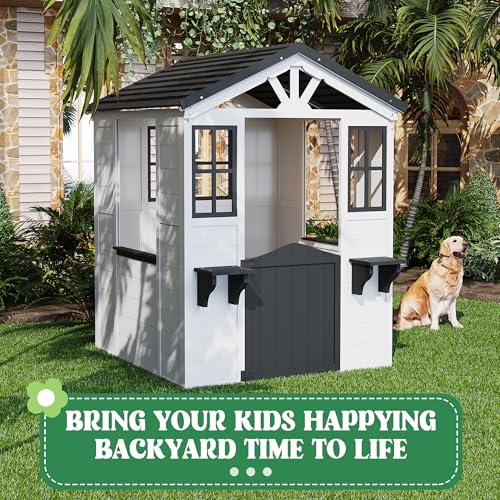 Cedar Wooden Kids Playhouse with Play Kitchen and Vinyl Roof U118424