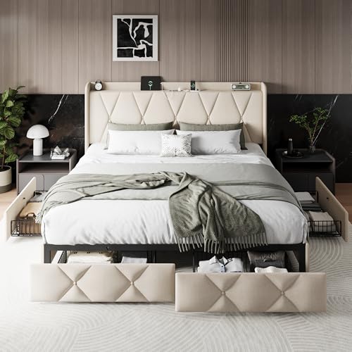 Queen Bed Frame with 4 Storage Drawers and Charging Station, Black S804993