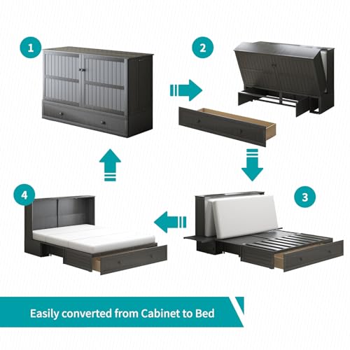 BALUS Murphy Bed Cabinet Queen with Tri-fold Mattress, USB Charging Station, Grey-Blue X7255