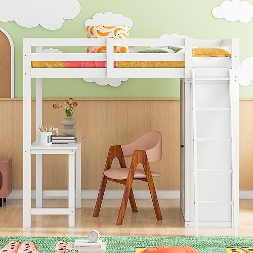 Harper & Bright Designs Full Size Loft Bed with Wardrobe and Desk, Solid Wood, White R4710
