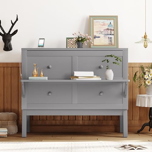 Queen Size Solid Pine Murphy Bed Chest with Charging Station and Storage Drawer K498