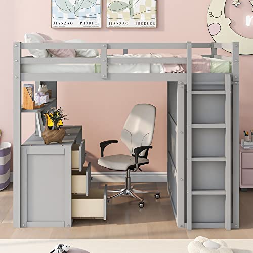 Harper & Bright Designs Full Loft Bed with Desk, Wardrobe, Solid Wood N868457