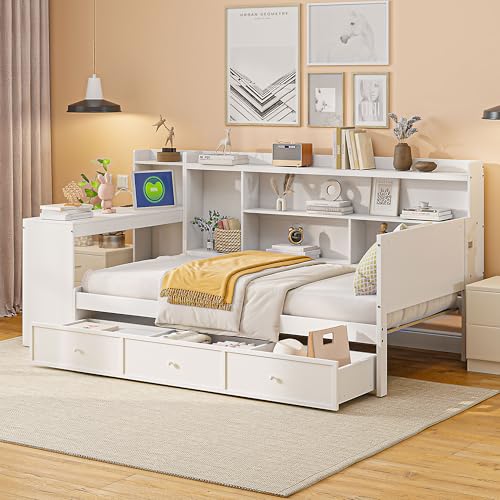 Bellemave Twin Corner Bed Frame with Storage Shelves and Desk, Gray L74206