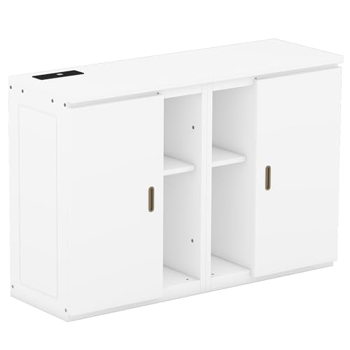 Ball & Cast Queen Size Solid Pine Murphy Bed with Charging Station, White + Walnut P2075