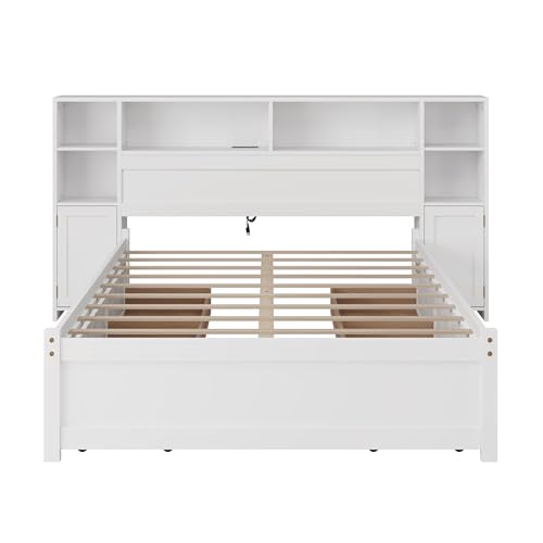 SOFTSEA Twin Size Captains Bed with 6 Storage Drawers and Bookcase Headboard, White H51434