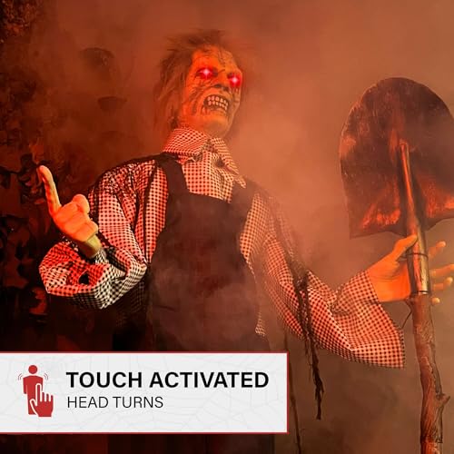 Haunted Hill Farm 5.25-ft Standing Gravekeeper Animatronic with Red LED Eyes and Sound Effects X9371