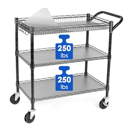 WDT Heavy Duty 3 Tier Utility Cart with Wheels, Commercial Grade Service Cart, 750LBS Capacity Silver L466