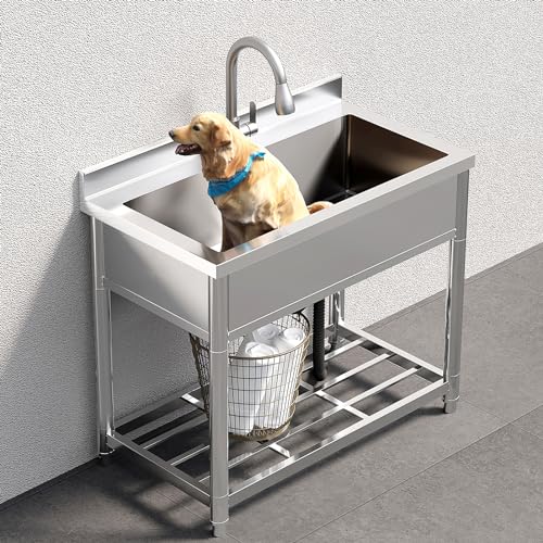 Stainless Steel Large Utility Sink Single Bowl Freestanding with Pull-Out Faucet T135