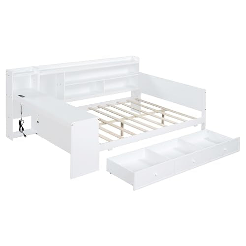 Bellemave Twin Corner Bed Frame with Storage Shelves and Desk, Gray L74206