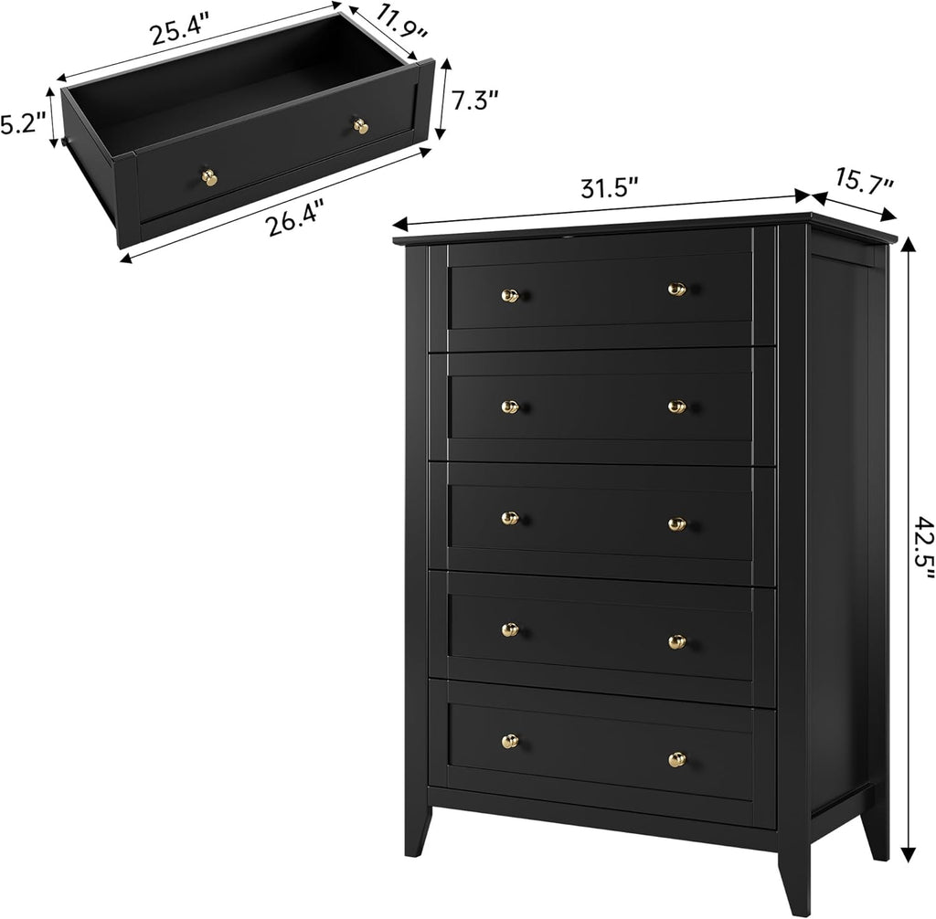 5 Drawer Dresser for Bedroom, Tall Wood Chest with Metal Knobs, Black X296
