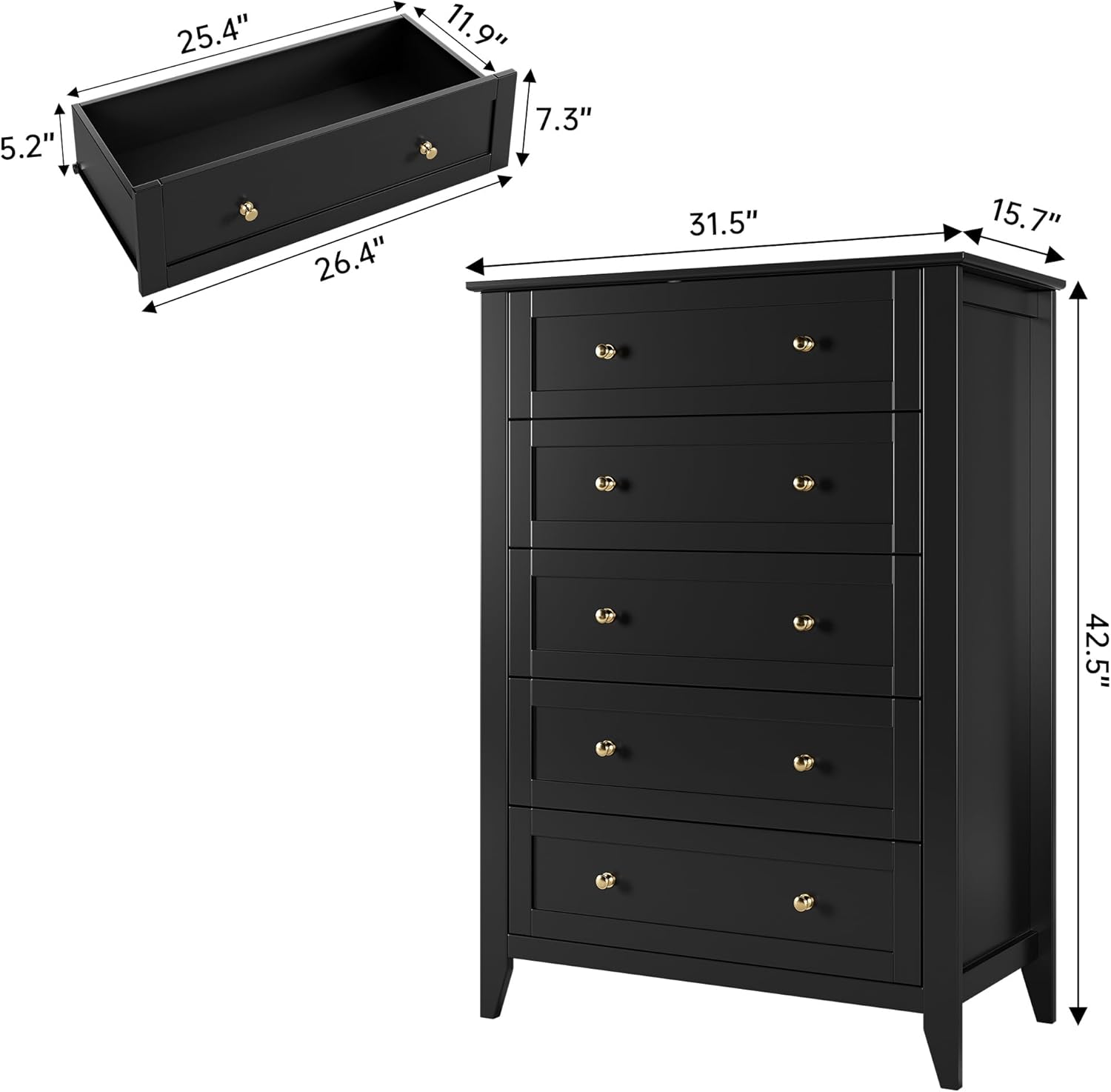 5 Drawer Dresser for Bedroom, Tall Wood Chest with Metal Knobs, Black X296