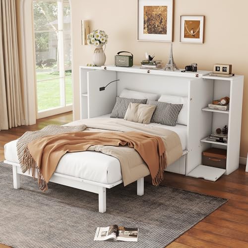 Ball & Cast Queen Size Solid Pine Murphy Bed with Charging Station, White + Walnut P2075