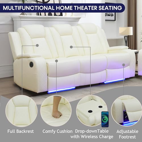 Leather Recliner Sofa Set with LED Lights, USB Port and Storage Console, 3 Piece, Black T442650
