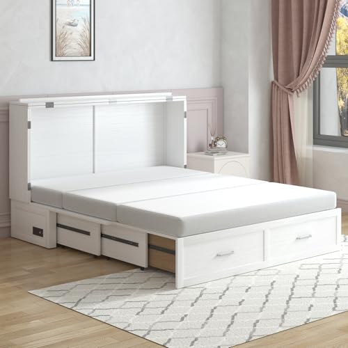 PUREMIND Queen Murphy Bed Cabinet with 2 Storage Drawers and USB Charging Station R5817