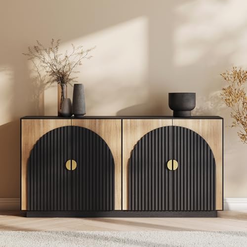 BELLEZE 65 Inch Fluted Buffet Cabinet with Storage, Caramel Brown U96619
