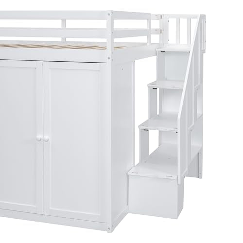 Harper & Bright Designs Twin Size Loft Bed with L-Shaped Desk and Stairs, Solid Wood, White D768