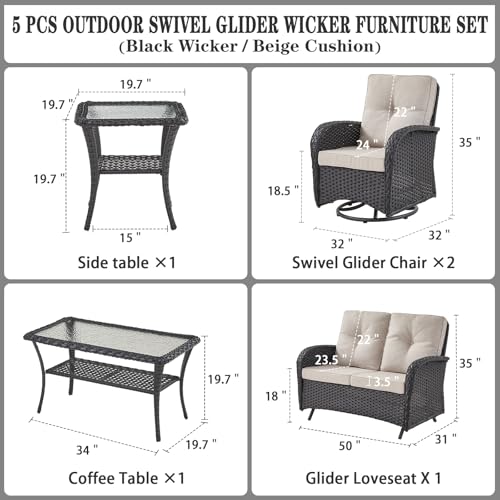 Outdoor Wicker Swivel Rocker Chairs Set of 2 with Rattan Side Table, Brown/Blue B592