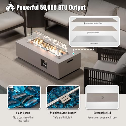 42" Propane Fire Pit Table with Tank Holder, 50,000 BTU, Wind Guard & Glass Stones Z315