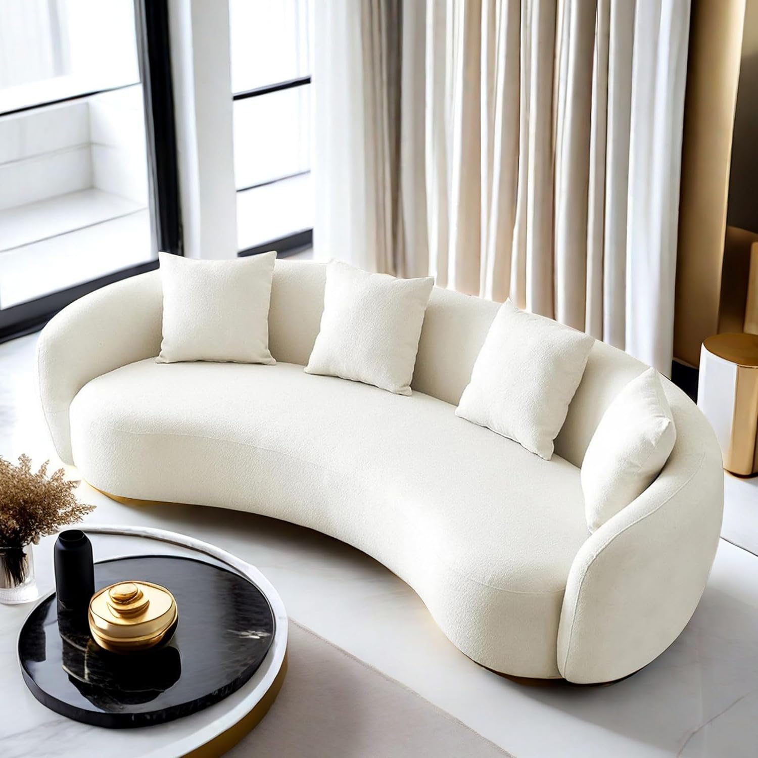 Teddy Fabric Curved, 101" Mid Century Modern Half Moon Sectional Cloud Luxury 4-Seat Sofa Couch with 4 Throw Pillows for Living Room Apartment, Bedroom, Office, withe