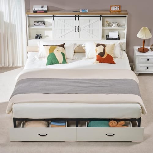 VanAcc Full Size Wooden Platform Bed with Bookcase Headboard and 2 Drawers O6158