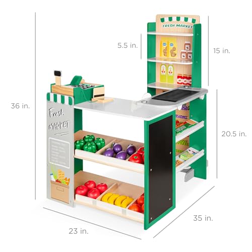 Pretend Play Grocery Store Wooden Supermarket Toy Set for Kids with Play Food, Cash Register, Conveyor - Red I3448
