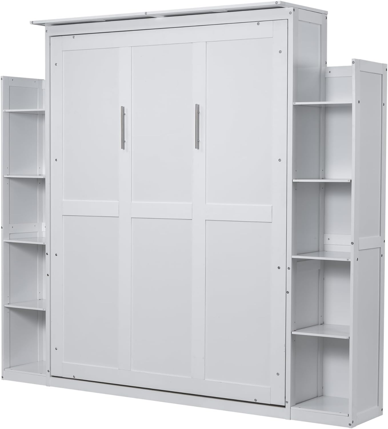 Merax Murphy Bed Queen Size Wooden Wall Bed with Shelves and LED Lights, White U14073