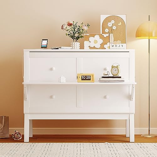 Queen Size Solid Pine Murphy Bed Chest with Charging Station and Storage Drawer K498