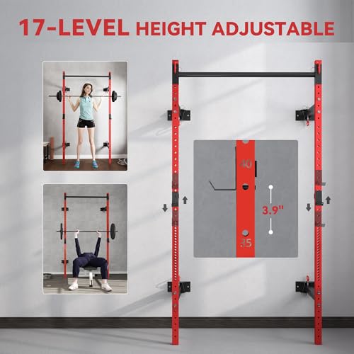 Soozier Wall Mounted Folding Squat Rack with Pull Up Bar, 1000 lbs Capacity, Red Z8827