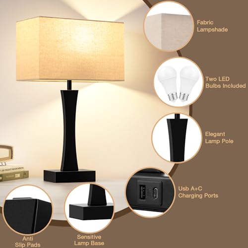 3 Way Dimmable Bedside Lamp Set of 2 with USB Ports C63781