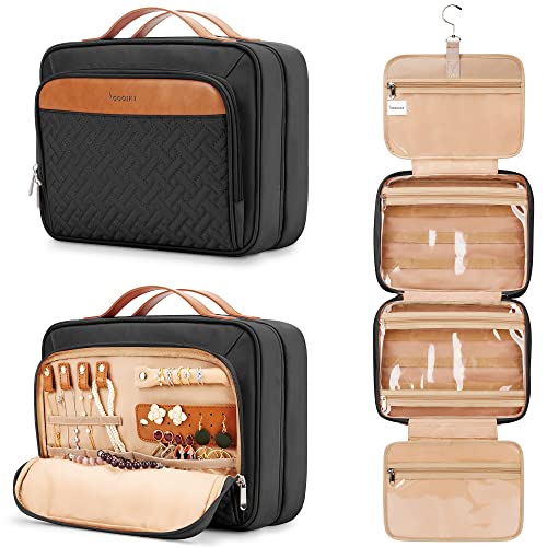 Travel Hanging Toiletry Bag for Women and Men, with 8 Leak Proofing Silicone Bottle Covers, Waterproof Makeup Accessories, Cosmetic Essentials, Toiletries Dopp Kit Set with Jewelry Organizer, Navy