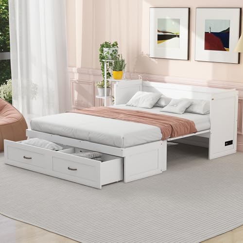 Harper & Bright Designs Queen Murphy Bed Cabinet with USB Charging Station, White D9669