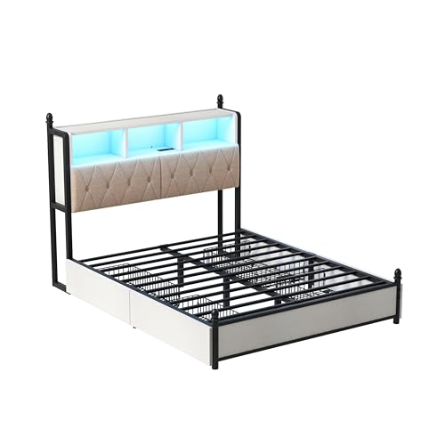 AMERLIFE Full Size Bed Frame with Bookcase Headboard, Charging Station, Rustic Brown H544