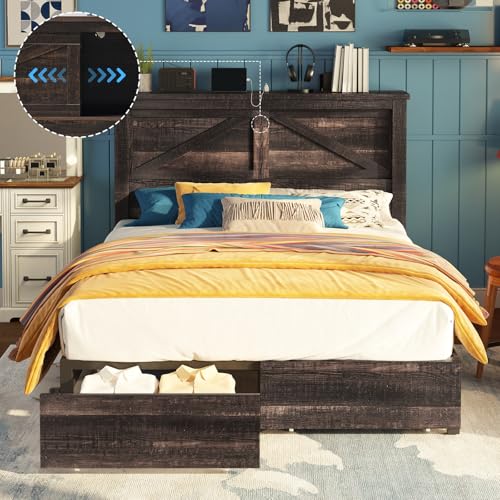 AMERLIFE King Bed Frame with Bookcase Headboard and Charging Station V4787