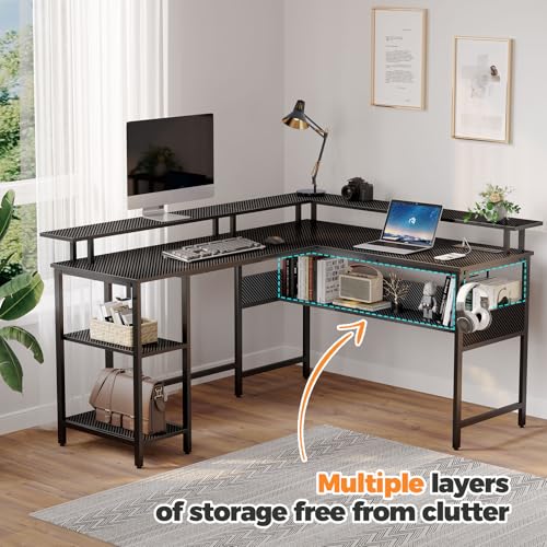 Rolanstar Computer Desk 56.7" with LED Lights and Power Outlets, Carbon Fiber Surface K1543