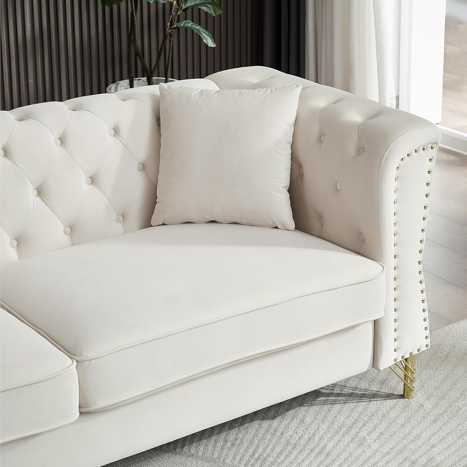 Chesterfield Sofa Grey Velvet 3 Seater Tufted Couch with Metal Foot and Nailhead N623406