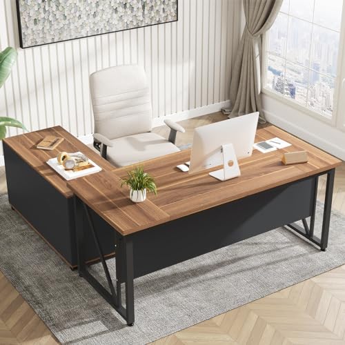 Tribesigns 63" Executive Desk with 47" Lateral File Cabinet, L-Shaped Computer Desk, Brown and Black N680173