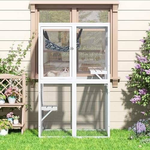 COZIWOW Catio Outdoor Cat Enclosure with Window Access, Wooden Kitty Cage, White T1021