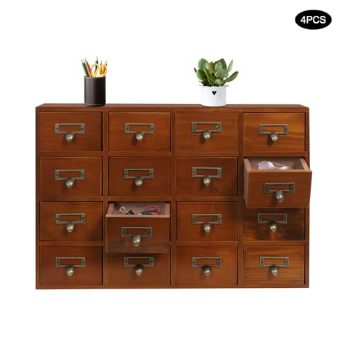 Vintage 16-Drawer Wooden Desktop Organizer with Iron Label Holders N538