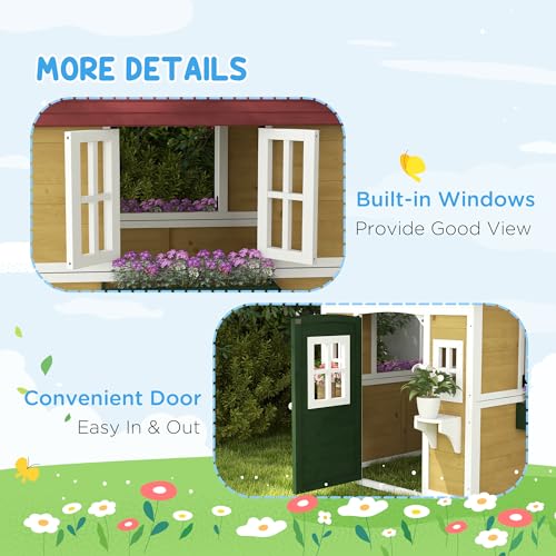Outsunny Wooden Kids Playhouse with Doors and Windows for Toddlers 3-8 Years, Beige Q471